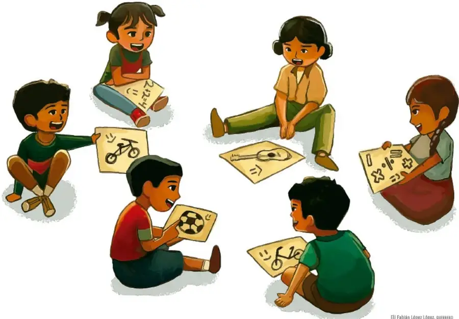 Ilustración de seis niños y niñas sentados en círculo sobre el piso, cada uno sostiene una hoja o cartel con dibujos y símbolos (bicicleta, balón, guitarra, figuras). Representan una asamblea escolar en la que comparten sus tablas personales.