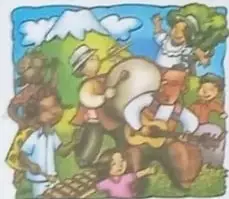 Pequeña ilustración de fiesta ecuatoriana con bailarines.