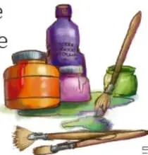 Ilustración de materiales de arte: frascos de pintura, pinceles y tintas de varios colores.