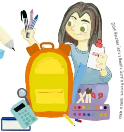 Ilustración de una niña peinándose frente a un escritorio con mochila y objetos de aseo.