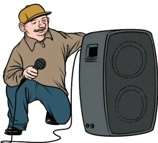 Ilustración de un hombre con sombrero y micrófono arrodillado junto a un altavoz (equipo de sonido). Crédito: José Daniel Romero Gutiérrez, Ciudad de México.