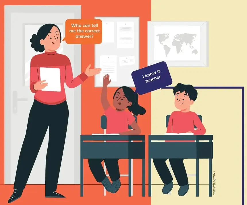 Ilustración de un aula con una maestra de pie sosteniendo un cuaderno y dos estudiantes sentados en pupitres; uno de ellos levanta la mano para participar.