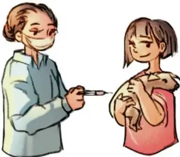 Ilustración de una enfermera aplicando una inyección a una niña que sostiene un perro.