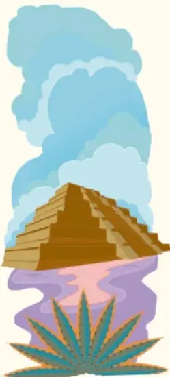 Ilustración de una pirámide escalonada sobre una base morada con una planta de agave, con el texto 'Ángel Campos Frías, Ciudad de México'.