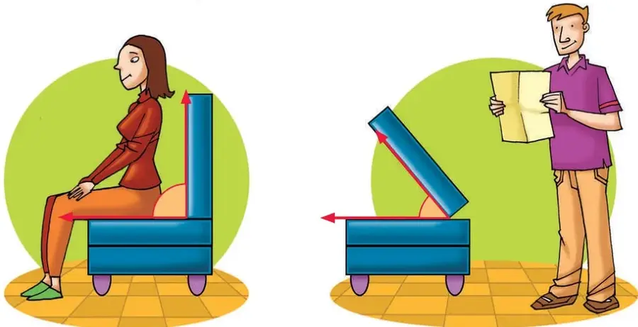 Ana sentada en un sillón azul con el respaldo vertical; dos flechas rojas marcan la abertura entre el asiento horizontal y el respaldo, formando un ángulo recto.