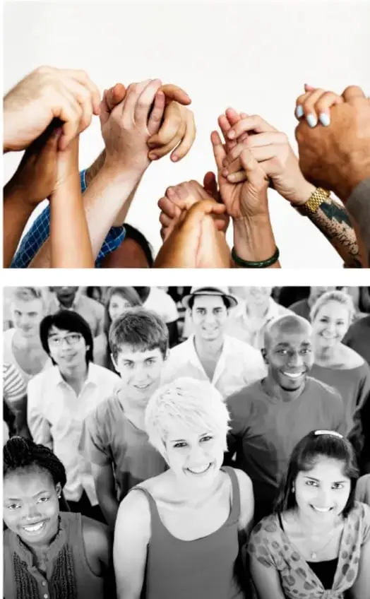 Manos entrelazadas de personas de distintos tonos de piel, símbolo de unidad y colaboración.