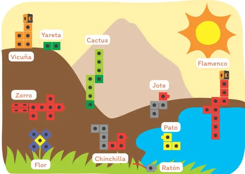 Paisaje del Parque Nacional Los Flamencos con cerro, sol, laguna y vegetación; sobre él hay 10 figuras construidas con cubos rotuladas: Yareta, Vicuña, Cactus, Zorro, Flor, Chinchilla, Jote, Pato, Ratón y Flamenco.