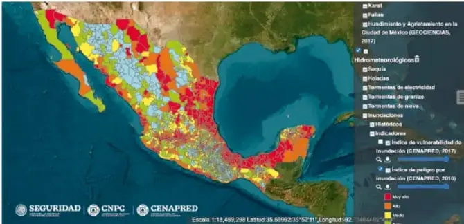 Mapa de México con el índice de peligro por inundación coloreado y leyenda de niveles.