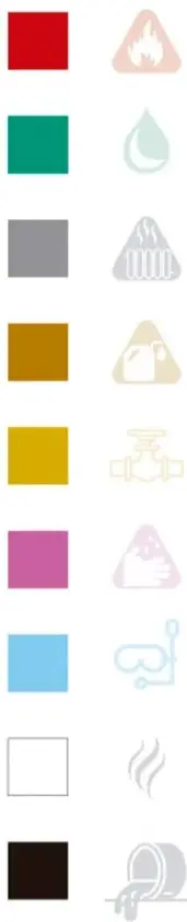 Nueve muestras de color cuadradas con su icono correspondiente: fuego (rojo), gota de agua (verde), caldera (gris), derrame de aceite (marrón), válvula de gas (amarillo ocre), sustancias corrosivas (violeta), compresora (azul claro), vapor (blanco) y cañería de aguas negras (negro).