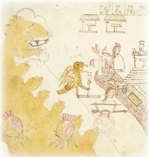 Otro fragmento de códice con una figura de animal (quije/pájaro), plantas con raíces, un templo escalonado y personajes, en tonos ocre.