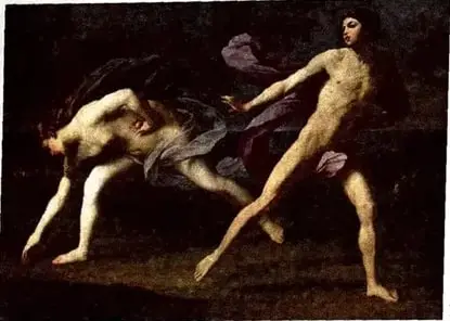 Reproducción de un cuadro de Guido Reni titulado Atalanta e Hipómenes, relacionado con la mitología clásica.