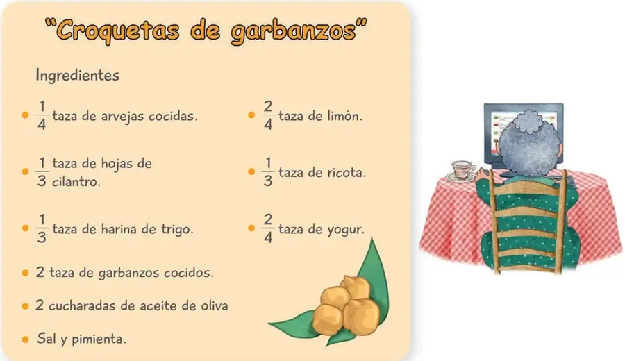 Ilustración de Elisa, una abuela de pelo gris, sentada frente a un computador sobre una mesa con mantel a cuadros rojo y blanco, buscando la receta.
