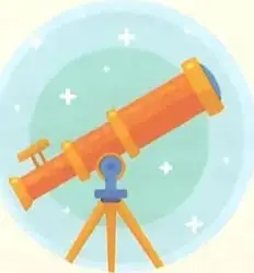 Ilustración de un telescopio sobre un trípode, apuntando al cielo.