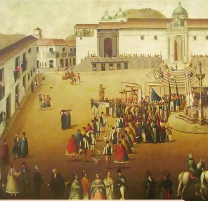 Pintura de la Plaza Mayor de Quito en el siglo XVIII. Se observa una plaza colonial con edificios, una iglesia, personas reunidas y jinetes.