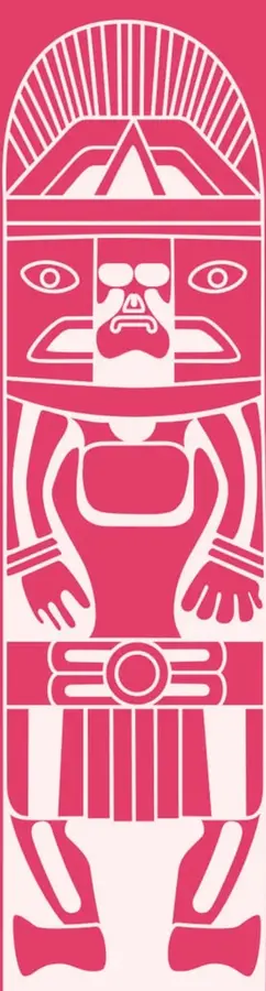 Ilustración estilizada en rosa y blanco de una figura prehispánica o tótem, con rostro, brazos y piernas, sobre fondo rosa.