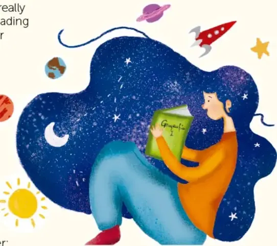Ilustración de una persona sentada que lee un libro verde, envuelta por una mancha nocturna azul con luna y estrellas, acompañada de un cohete, planetas, un sol y una Tierra pequeñitas. Crédito: Ana María Hernández Hernández.
