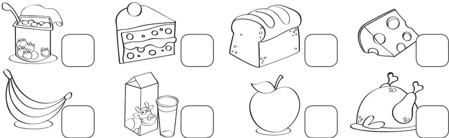 Ocho alimentos para numerar: yogur con frutas, pastel, pan de molde, queso, plátanos, jugo de caja con vaso, manzana y pollo asado.