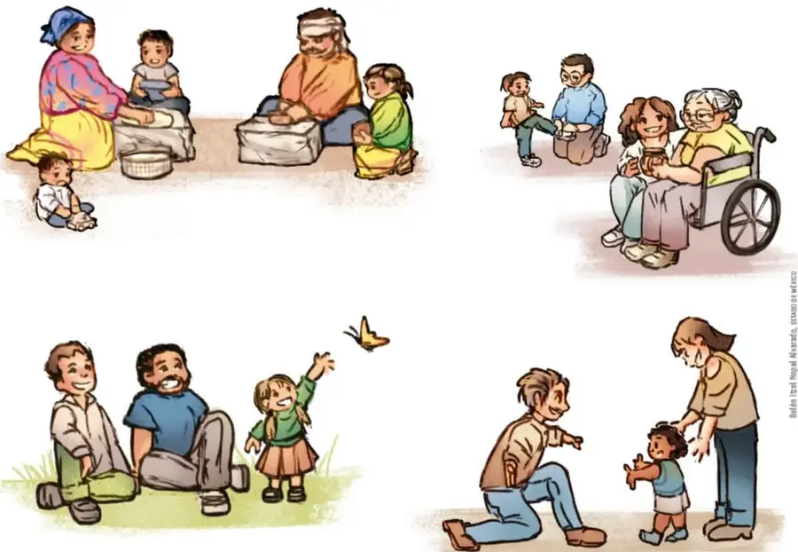 Familia extensa elaborando tortillas y alimentos de forma artesanal; incluye abuela, padre, madre, niña y bebé.