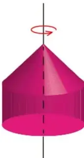 Sólido de revolución resultante en rosa/magenta: un cono apoyado sobre un cilindro, con el eje de revolución punteado.