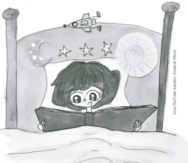 Ilustración de una niña leyendo un libro en la cama, con una nave espacial, estrellas y una luna decorativa en la cabecera.