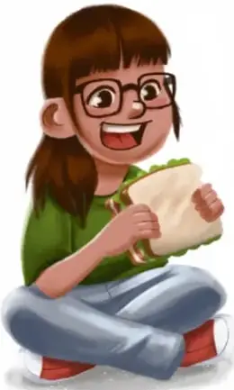 Niña de lentes, playera verde y jeans, sentada sonriente mientras come un sándwich. Crédito: Mayra Gisela Pedroza Díaz, Aguascalientes.