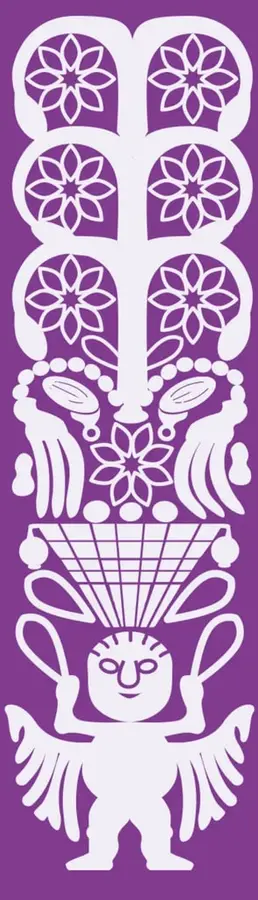 Ilustración de arte popular mexicano tipo papel picado en color morado: figuras florales, un rostro humano con tocado y un cuerpo alado, usada como elemento decorativo del tema.