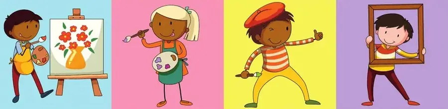 Cuatro ilustraciones infantiles en una fila: un niño pintando flores en un caballete, una niña con paleta de pintor, un niño con boina de pintor (estilo francés) y un niño sosteniendo un marco vacío.