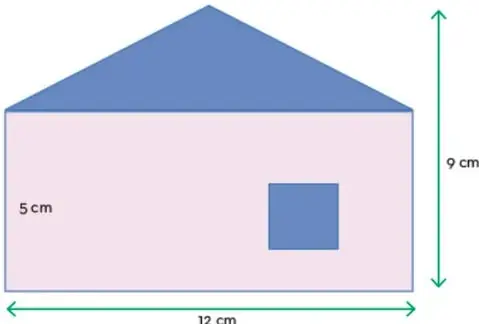 Figura de una casa a escala formada por un triángulo azul (techo) y un rectángulo rosa (cuerpo). Se indican las medidas: base total 12 cm, altura total 9 cm, altura del rectángulo 5 cm. Dentro del rectángulo hay un cuadrado azul pequeño.
