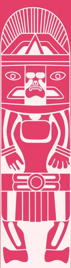 Estela o tótem de estilo prehispánico en color rosa mexicano sobre fondo blanco: figura antropomorfa con tocado radial, rostro con anteojeras y nariguera, brazos flexionados con manos abiertas, cinturón con círculo central y piernas esquematizadas. Evoca el arte monumental mesoamericano como fuente material del pasado.