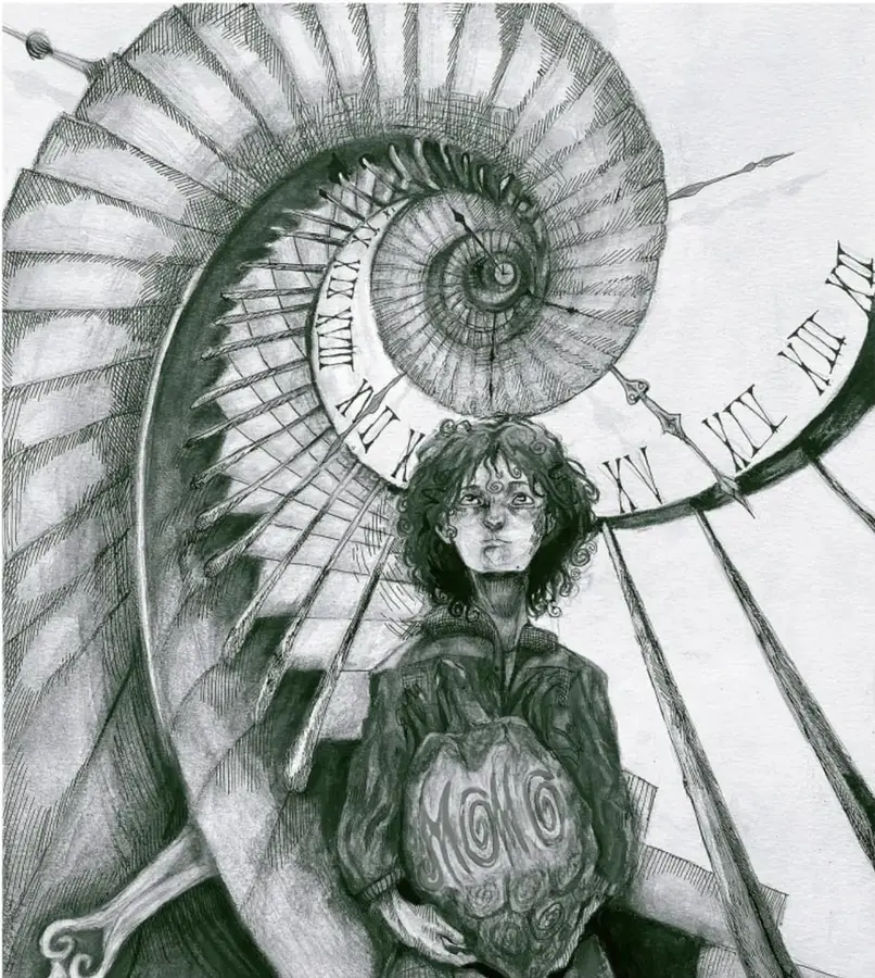 Ilustración en blanco y negro de una niña con cabello rizado sosteniendo un objeto esférico con espirales. Detrás de ella hay una gran concha en espiral y un reloj con números romanos. La imagen sugiere la relación entre el tiempo, la naturaleza y el aprendizaje. Al pie se lee: 'Persephone Sofía De Loera Bautista, Jalisco'.