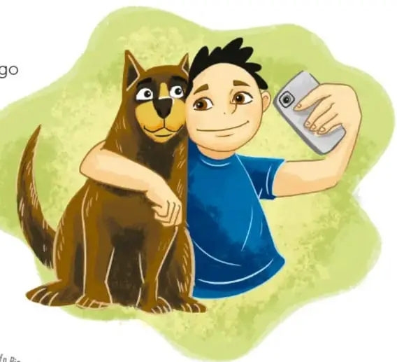 Ilustración de un niño tomando un selfie con su perro café, con brazo alrededor del animal.