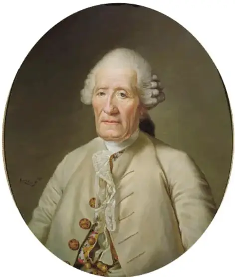 Retrato ovalado de Jacques de Vaucanson, hombre con peluca blanca y traje de la época.