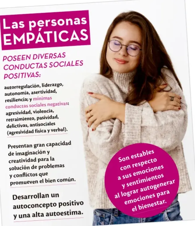 Infografía con fotografía de una joven abrazándose a sí misma, con el título "Las personas EMPÁTICAS" y un recuadro que indica que son estables con respecto a sus emociones al lograr autogenerar emociones para el bienestar.