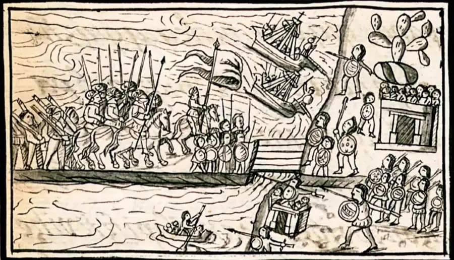 Ilustración estilo códice que muestra un enfrentamiento entre soldados europeos a caballo y guerreros indígenas con escudos y lanzas; al fondo una embarcación y un nopal.