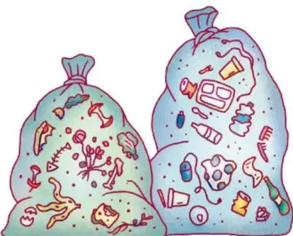 Ilustración de dos bolsas de basura con residuos mezclados. Crédito: Karina Eréndira Pérez Olmos, MICHOACÁN.