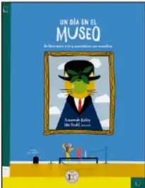 Portada del libro *Un día en el museo*: fondo azul con un niño de traje y sombrero verde frente a un cuadro enmarcado.