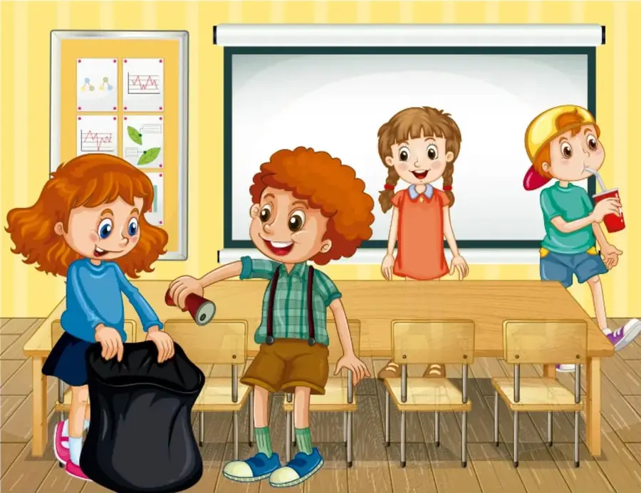 Ilustración de un salón de clases con cuatro estudiantes: una niña sostiene una bolsa de basura, un niño con un bote de refresco, otra niña de pie y un niño bebiendo; al fondo, un pizarrón y un tablero con trabajos escolares.