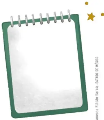 Ilustración de un cuaderno de notas abierto con espiral, acompañado de estrellas, que representa el registro de respuestas.