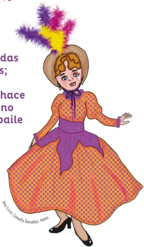 Ilustración de la Maringuilla: mujer con vestido anaranjado de enagua morada, sombrero de palma con plumas moradas y amarillas; firma Ana Lucia Zamudio González, Puebla.