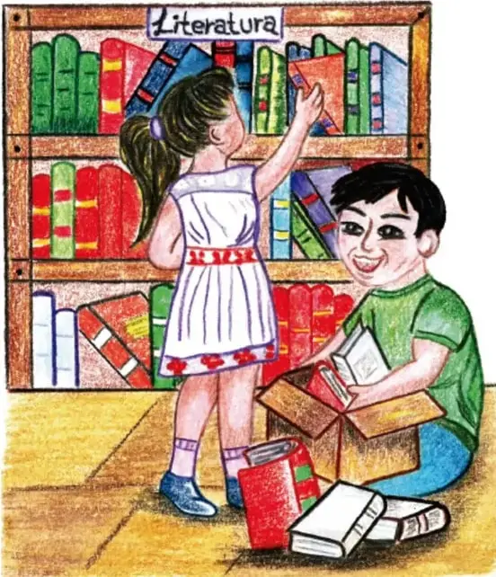 Ilustración de una niña y un niño frente a un librero con el letrero "Literatura". La niña señala un libro y el niño guarda libros en una caja de cartón; alrededor hay libros de colores.