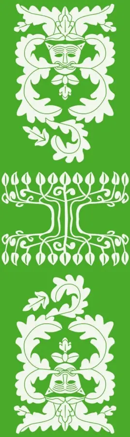 Tres ilustraciones ornamentales en blanco sobre fondo verde: un mascarón foliado superior, un árbol estilizado en el centro y otro mascarón con follaje al pie; diseño decorativo de inspiración prehispánica.