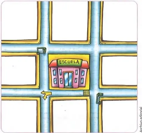 Ilustración de una escuela ubicada entre varias calles y cruces; alrededor hay espacios para representar lugares de la manzana.
