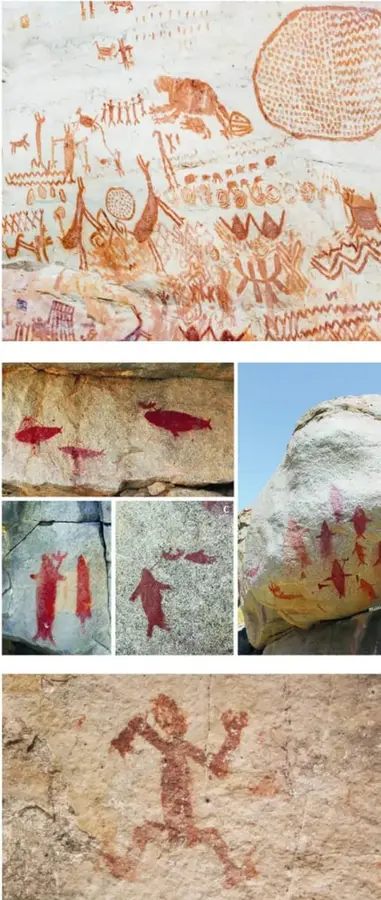 Fotografía de un panel rupestre de tonos rojizos con muchas figuras humanas, líneas de puntitos, animales, círculos y una gran figura redonda punteada (posible sol o serpiente), estilo Chiribiquete.