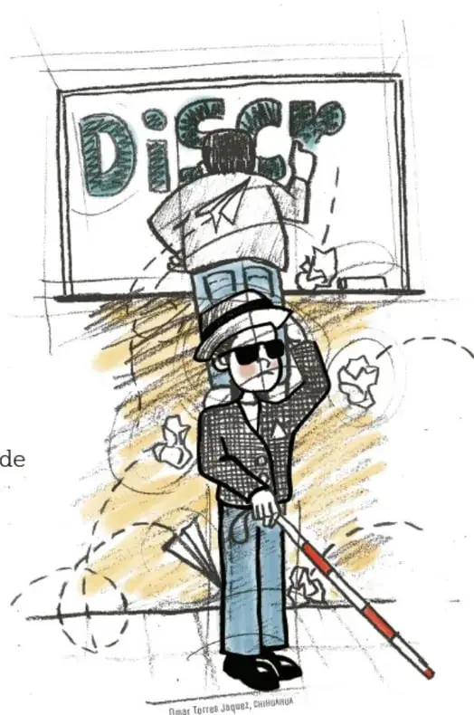 Ilustración de un niño con bastón rojo y lentes oscuros que camina frente a un cartel con la palabra 'DISC'; hay papeles arrugados y líneas de movimiento alrededor. Crédito: Omar Torres Jaquiez, DINGRAMA.