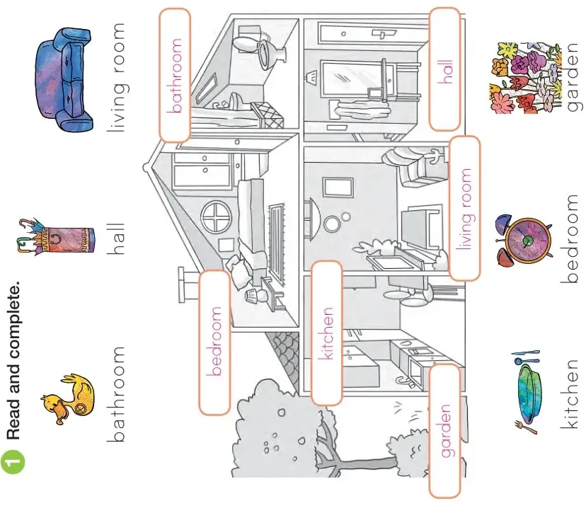 Seis imágenes pequeñas que muestran: sofá, flores, tina, cama, cocina, escaleras.