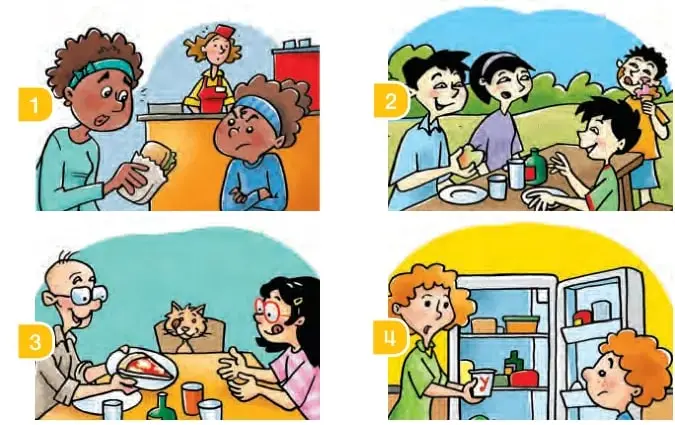 Cuatro escenas: 1. Niño comprando comida en un puesto. 2. Familia comiendo en la mesa. 3. Persona mayor y niña comiendo. 4. Niño abriendo el refrigerador.