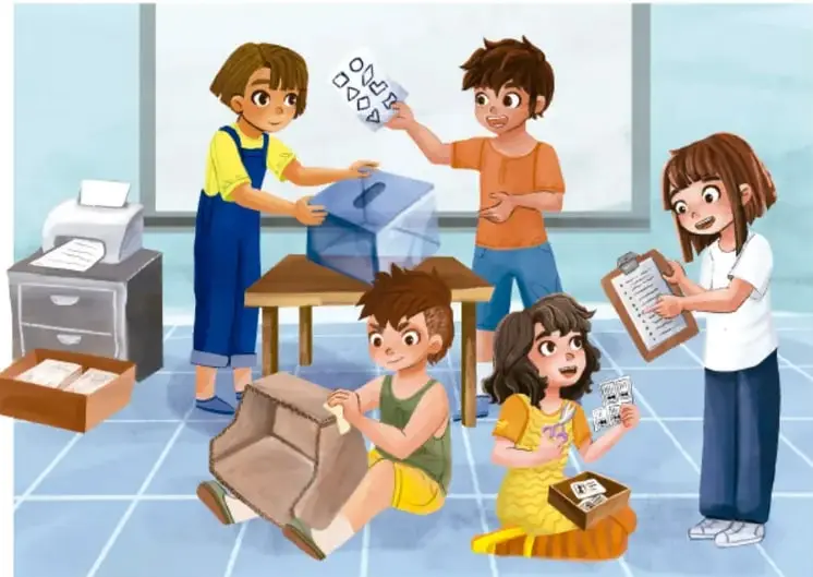 Ilustración de estudiantes preparando una representación teatral: un niño deposita un boleto en una urna, otros confeccionan utilería y revisan boletos, una estudiante sostiene una lista en un portafolio. Crédito: Diana Yvette Gutiérrez Cisneros, Guanajuato.