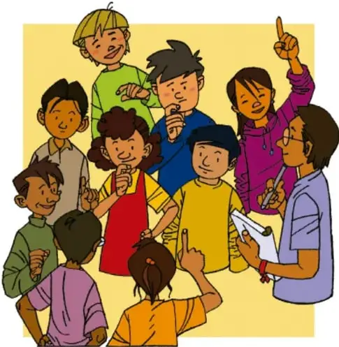 Ilustración de un grupo de estudiantes y un docente en asamblea, uno levanta la mano.