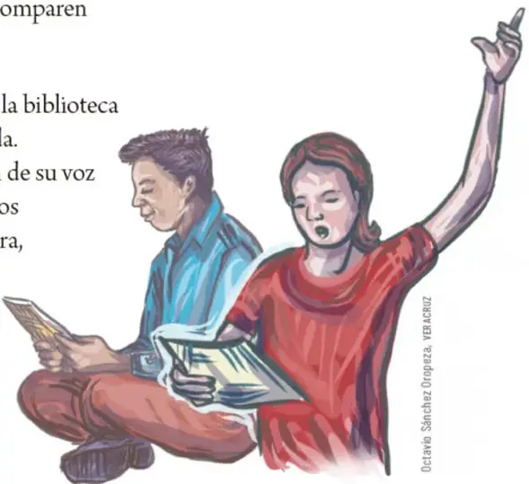 Ilustración de dos estudiantes, un niño y una niña, leyendo un libro; la niña levanta la mano.