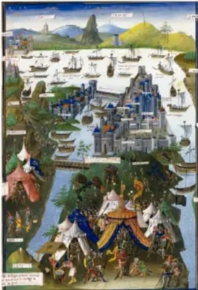 Ilustración de una ciudad amurallada junto al mar con barcos y figuras, representa Constantinopla (Estambul).